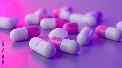 a scattering of pills on a gradient violet surface, suggesting depth and sophistication. Full ultra HD, high resolution.