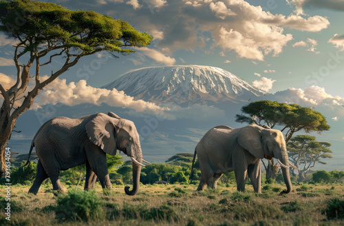 Two elephants walk through the savannah with Mount Kilimanjaro in the background  creating an amazing view of these majestic animals against the backdrop of the iconic mountain