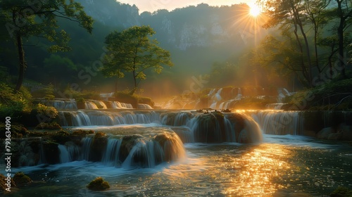cascade of crystal waters descends with grace among the emerald peaks, while the sun casts a radiant glow, illuminating the mist and the verdant valley that cradles the river's origin © Henry