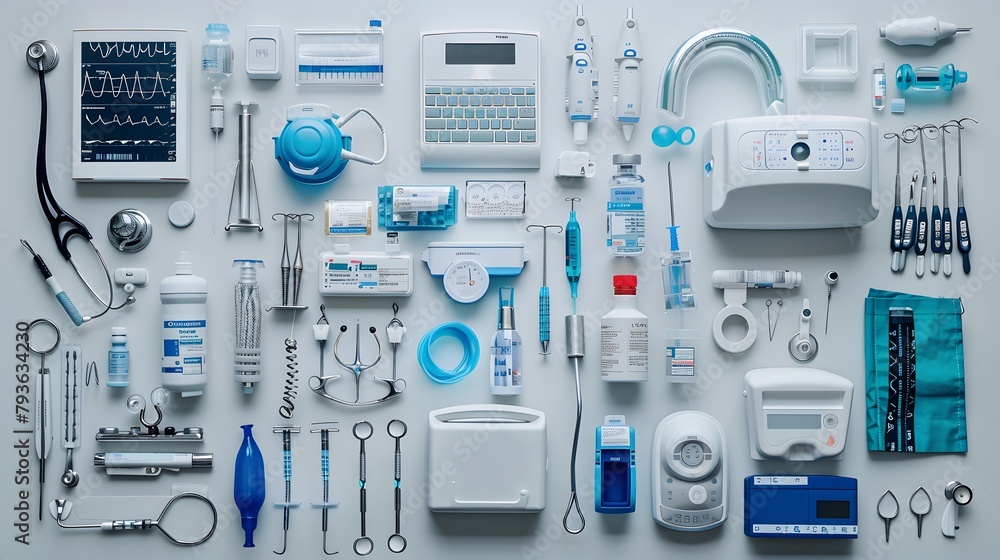 a variety of medical equipment arranged neatly on a sterile white surface, captured in full ultra HD and high resolution, creating a professional background for healthcare settings.