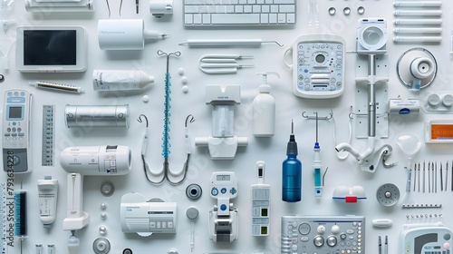 a variety of medical equipment arranged neatly on a sterile white surface, captured in full ultra HD and high resolution, creating a professional background for healthcare settings. © Creative_Hub