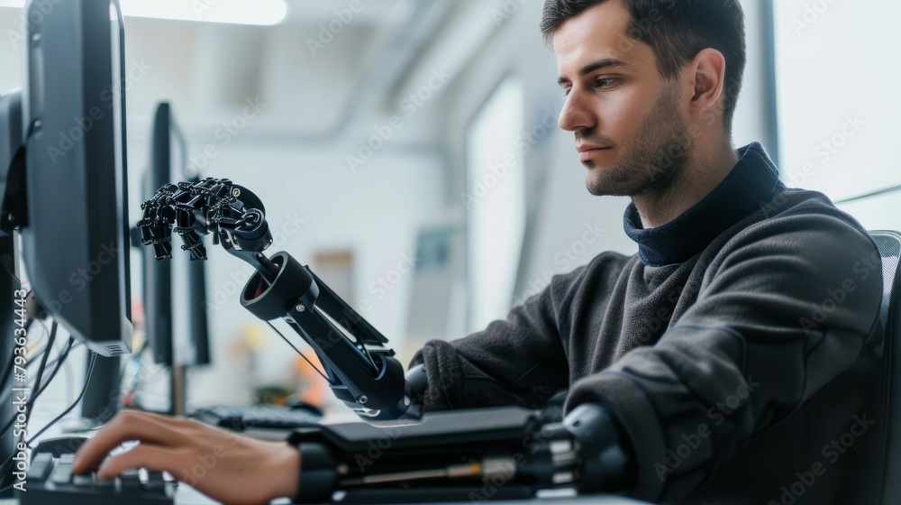 A young male engineer with a prosthetic arm, working on a computer, showing determination, against a stark white backdrop, styled as a portrait of resilience.
