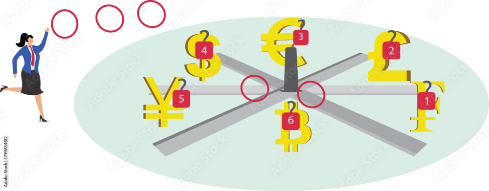 Businesswoman holding a circle for tossing the ring game, foreign exchange, foreign exchange trading, currency investment or country economy investment concept, high return investment, business invest