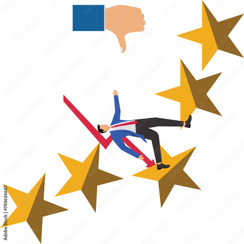 Businessman falling from stack of wobbly five stars, crisis of confidence, loss of trust, declining support in service industry or government Businessman falling from stack of wobbly five stars, crisis of confidence, loss of trust, declining support in service industry or government