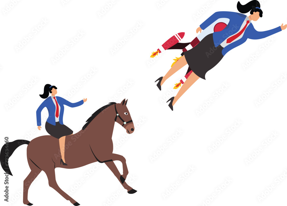 Comparison of work efficiency and speed, different realities or ways to reach success, businesswoman flying fast with rocket booster on his back and overtaking his companion. Comparison of work efficiency and speed, different realities or ways to reach success, businesswoman flying fast with rocket booster on his back and overtaking his companion.