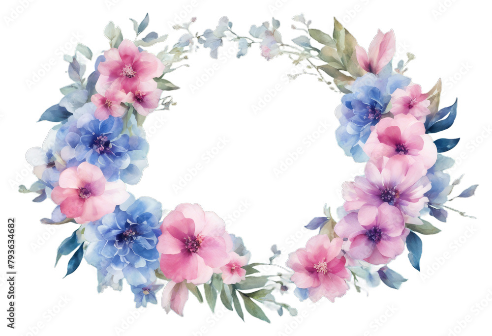 Watercolor frame wreath of pink purple blue flowers