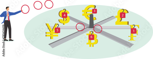 Businessman holding a circle for tossing the ring game, foreign exchange, foreign exchange trading, currency investment or country economy investment concept, high return investment, business investme