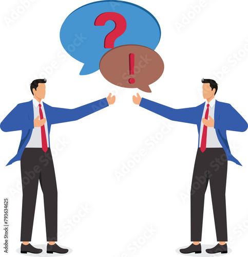 Two businessmen standing together talking and discussing how to solve troublesome problems, two doubtful businessmen speaking next to speech bubble and question mark
