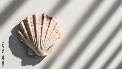 Seashell on white background with soft white shadows. Aesthetic marine sea shell concept