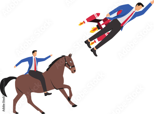 Comparison of work efficiency and speed, different realities or ways to reach success, businessman flying fast with rocket booster on his back and overtaking his companion.