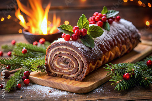 Yule log (Bûche de Noël), tender chocolate sponge cake filled with mascarpone whipped cream and covered with chocolate ganache