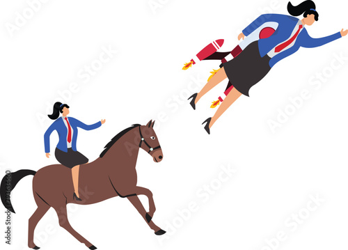 Comparison of work efficiency and speed, different realities or ways to reach success, businesswoman flying fast with rocket booster on his back and overtaking his companion.