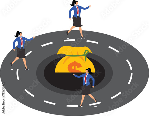 Dilemma of dollars, businesswoman running on a looping dead end road without getting money, business dilemma, business dead end