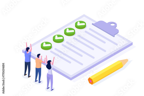 Complete project task, getting things done, business accomplishment concept. Isometric Vector illustration.