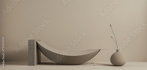 Minimalistic display with an asymmetrical grey pedestal on a beige backdrop. photo