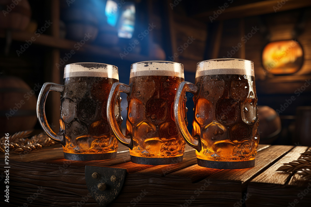 Generative ai on theme of foamy German beer in large glass mug for celebration holiday Oktoberfest