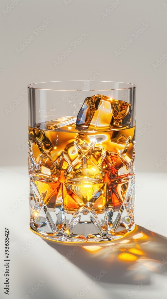 whiskey glass filled ice cubes