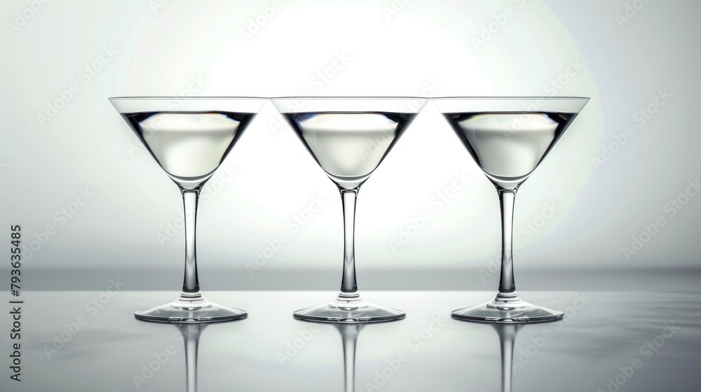 Three empty martini glasses on a bar, on a white background. Three empty martini glasses on a bar, on a white background.