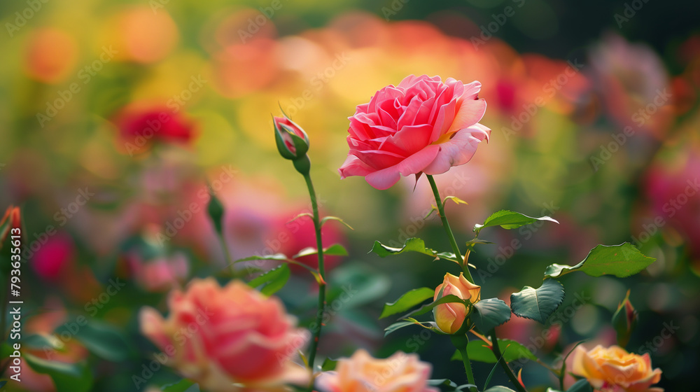 Fototapeta premium A bunch of pink flowers are in a garden. The flowers are in full bloom and are very pretty