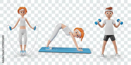 Male and female characters do different sports exercises. Color icons for modern types of sports