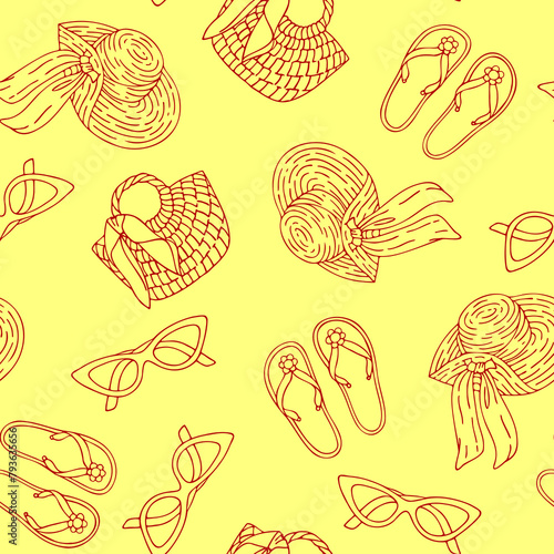Beachwear seamless pattern. Funny cute doodle summer background. Flip flops, beach bag, glasses, straw hat. Summer pattern, vector background © Marisha paint