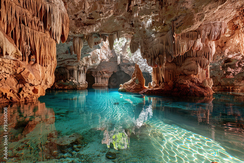 Generative ai on theme of a large beautiful sharp stalactites hanging down from deep mountain cave