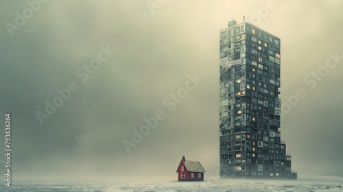 concept of wealth inequality with a tall skyscraper overshadowing a small house, symbolizing the gap between the rich and the poor, portrayed in full ultra HD high resolution against a muted backdrop.