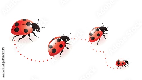 Cute ladybug icon set. Ladybugs flying on dotted route. Cartoon ladybirds with open wings. Vector isolated on white background