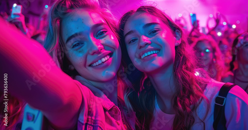 Two young women smiling and taking selfie at concert, crowd in background, indoor stadium, bright lights