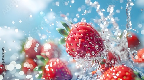 Fresh pink strawberries splashing in water with bubbles, creating a happy, fresh, and feminine summer fruit background.