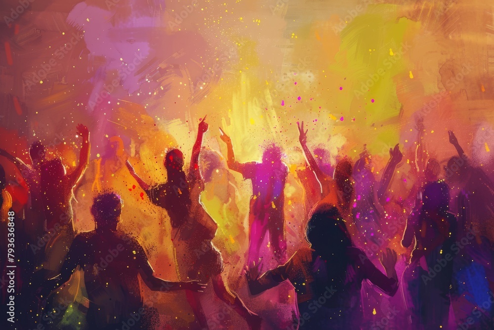 Joyful Holi celebration with people dancing, singing, and throwing colorful powders