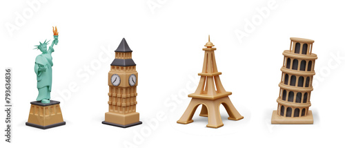 Statue of Liberty, Elizabeth Tower, Eiffel Tower, Leaning Tower of Pisa