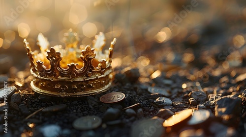 contrast in wealth with a golden crown and a modest coin, symbolizing the gap between the rich and the poor, portrayed in full ultra HD high resolution against a muted backdrop. photo