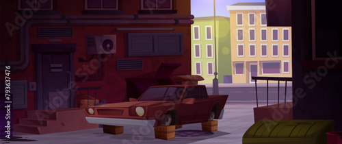 Old abandoned broken car without wheels standing in alley of ghetto neighborhood. Cartoon vector illustration of city poor street area. crime town slum alleyway with buildings and damaged transport.