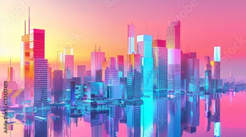 Modern metropolises depicted in stunning neon colors, contrasting beautifully with the simplicity of white © Cloudyew