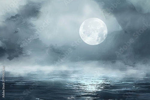 Moonlit seascape with dark storm clouds on a soft transparent white background, evoking a sense of mystery and adventure