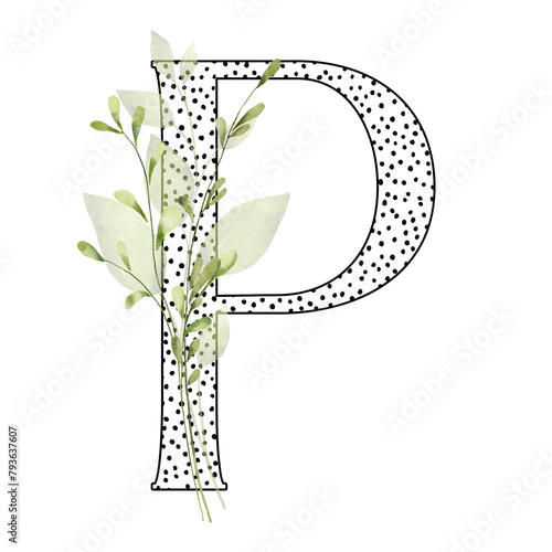 Letter P, floral monogram with watercolor leaf. Letterhead, initial perfectly for wedding invitation, greeting card, logo, poster and other design. Holiday design hand painting.