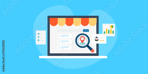 Inspecting business profile on search engine, keyword ranking, customer review and performance data analytics local SEO audit concept, vector illustration.