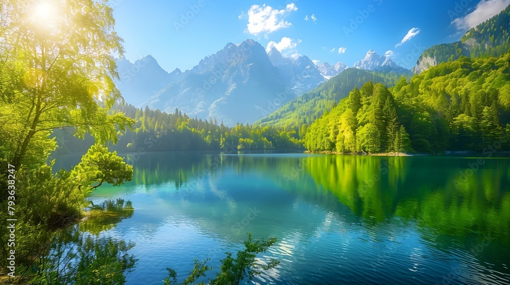 Colorful summer view of Fusine lake. Bright morning scene of Julian Alps with Mangart peak on background, Province of Udine, Italy, Europe. Traveling concept background 