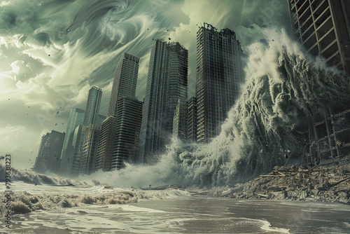 Generative ai on theme of a scary tsunami with huge foamy wave, apocalyptic dramatic background