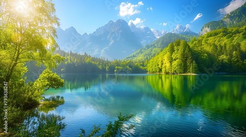 Colorful summer view of Fusine lake. Bright morning scene of Julian Alps with Mangart peak on background, Province of Udine, Italy, Europe. Traveling concept background  © Pascal