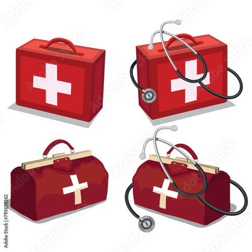 Doctor bag and stethoscope. Nurse's kit. Online doctor. Medical concept. Stethoscope logo. First aid kit. Doctor's tools isolated on white background. Medical equipment. Health care. Vector artwork