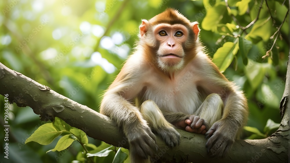 A playful monkey lounging on a lush green tree branch, basking in the warm sun and enjoying the peaceful sounds of nature. A playful monkey lounging on a lush green tree branch, basking in the warm sun and enjoying the peaceful sounds of nature.