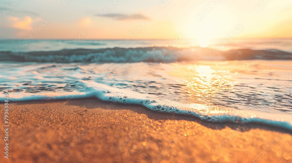 Closeup sea sand beach. Panoramic beach landscape. Inspire tropical beach seascape horizon. Orange and golden sunset sky calmness tranquil relaxing sunlight summer mood. Vacation travel holiday banner