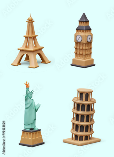 Collection of world architectural monuments in cartoon style. Colored 3D icons