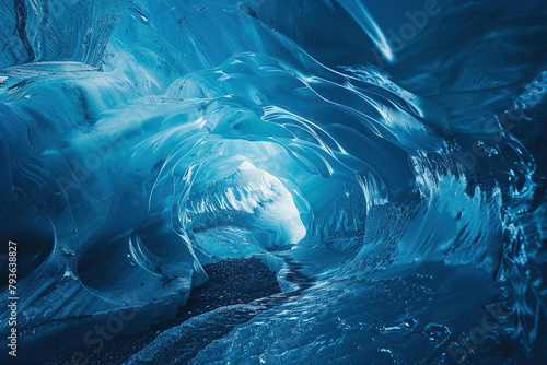 Generative ai on theme of entrance to blue ice cave covered with white snow inside a huge glacier