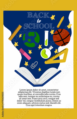Back to school, online school banner, poster. Yellow backpack with school supplies on the background of a checkered paper with different doodle scientific icons, vector illustration