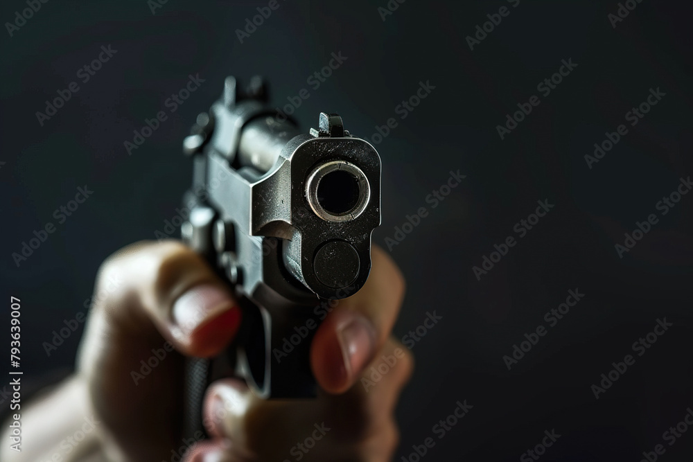 Generative ai on theme of a man aims through the sight of combat metal pistol to hit the target Generative ai on theme of a man aims through the sight of combat metal pistol to hit the target