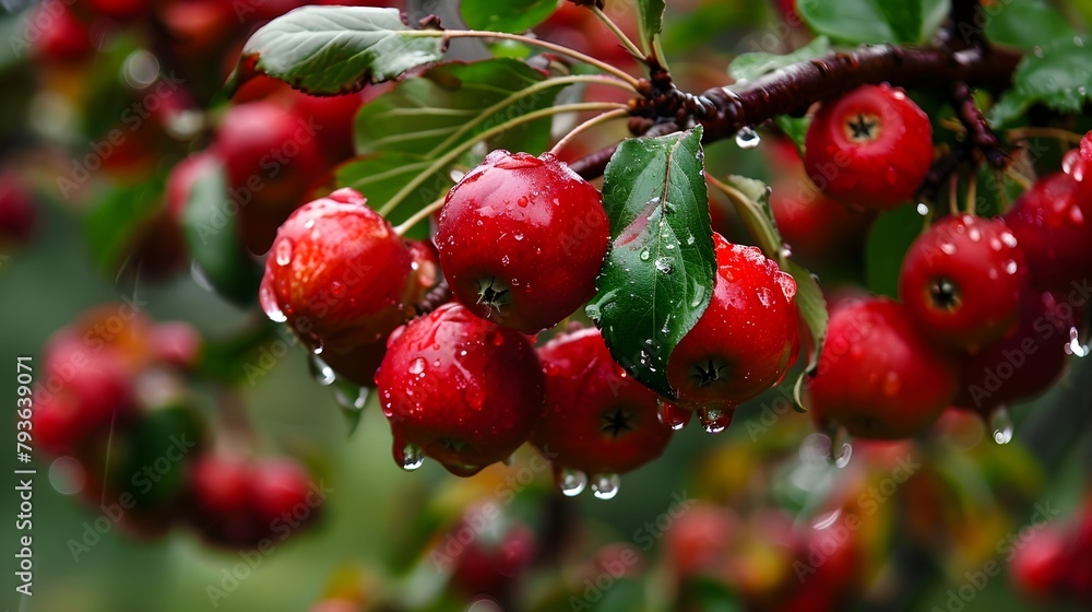 closeup of red crabapples on tree after rain