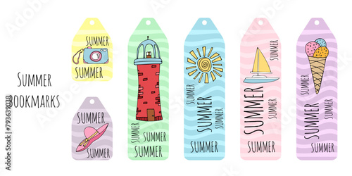 Set kid's bookmarks for reading, education. Summer bookmarks with painted doodle elements- lighthouse,sun and other travel elements. Isolated on white background. Vector printable bookmark templates.